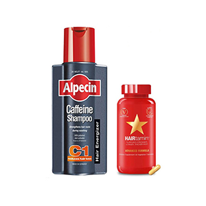 پک شامپو ضد ریزش کافئین C1 آلپسین 250 میل و هیرتامین کپسول تقویت کننده مو 30 عددی
